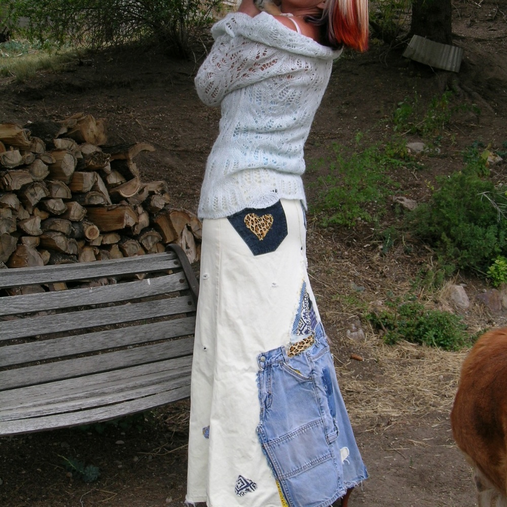 Handmade 70s style denim patchwork skirts, coats